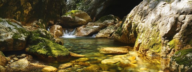 Obraz premium An idyllic view of a crystal-clear mountain stream flowing through a rocky gorge, with moss-covered boulders and dappled sunlight creating a serene atmosphere, Mountain stream scene
