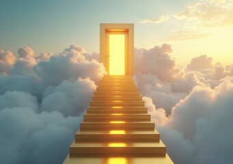 Open door at the top of shining stairs leads to bright clouds at sunset