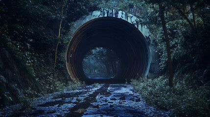 Naklejka premium Mysterious Forest Tunnel: A dark, enigmatic tunnel cuts through a lush, overgrown forest, inviting exploration and hinting at hidden secrets within. The damp.
