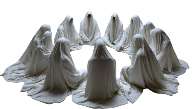 Ethereal Figures in White Drapery Gathered in a Circle