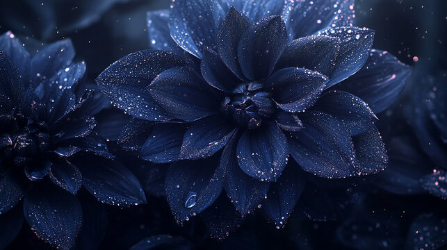 Dark blue dahlia flowers with dew drops and sparkle.