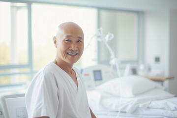 Fototapeta premium Smiling elderly patient in hospital bed with bright natural light, showcasing care and comfort in healthcare environment, promoting hope and positivity in recovery journey