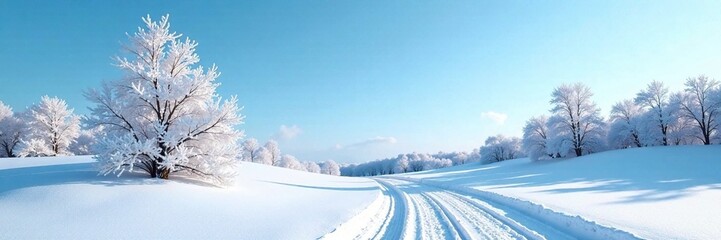 Obraz premium Snowy landscape with bare trees against a clear blue sky, cold weather, frost, sky