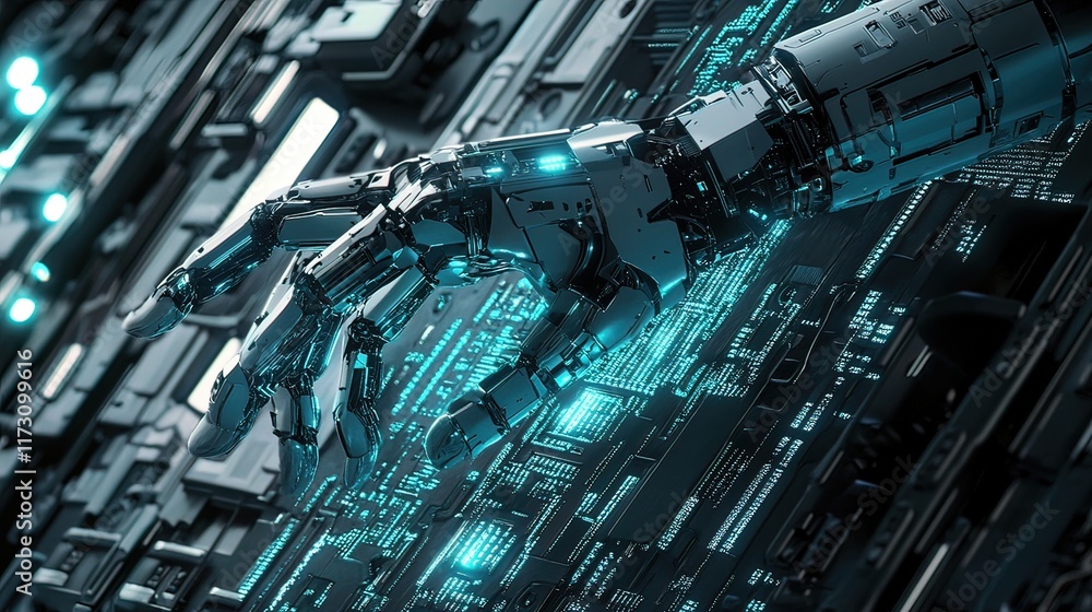 Poster robotic hand interacting with futuristic technology, close-up view showing intricate details and glo