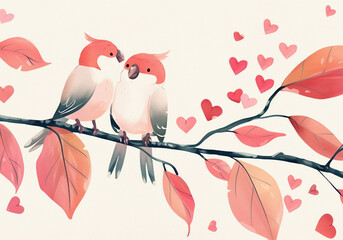 Escena de San Valentín de pájaros sobre ramas de árboles con símbolos de corazones. Diseño colorido para carteles o postales de San Valentín, enamorados, parejas y regalos.