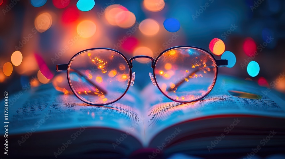 Poster round glasses resting on an open book with colorful bokeh lights reflecting in the lenses.