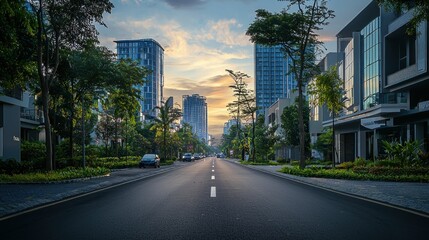 Obraz premium Serene Sunset Boulevard: Modern Cityscape at Dusk