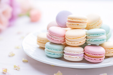 Obraz premium Colorful and Delicate Macarons on a White Plate Surrounded by Soft Floral Background in a Bright and Cheerful Setting