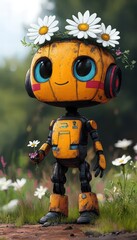A charming robot character with a flower crown, standing in a lush field, evokes a playful blend of nature and technology.