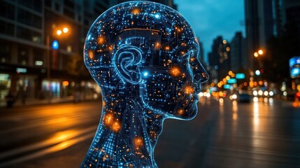 A digital human silhouette with glowing circuitry against an urban backdrop.