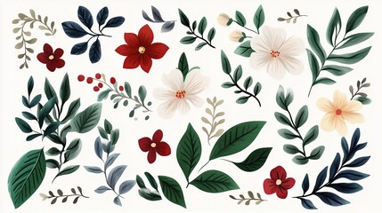 "Elegant White Floral Border with Lush Greenery on Minimalist Background", White floral arrangement background, Green leaves and white flowers