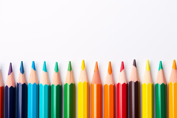 Vibrant and Colorful Collection of Pencils Arranged on a White Background for Creative and Artistic Use in Design and Education