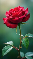 Fototapeta premium Water droplets cling to the thorny stem of a red rose bush, water, droplets