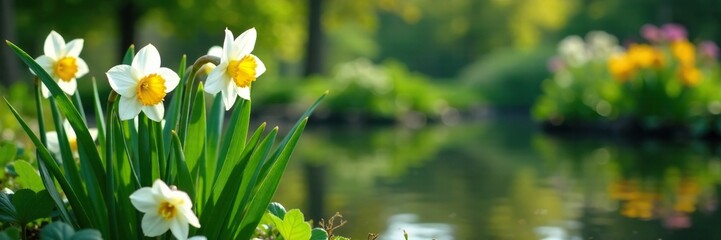 White daffodil blooms and foliage in a garden pond, gardens, landscape, peaceful