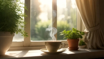 Cozy windowsill scene with tea, flowers, and sunlight filtering in.