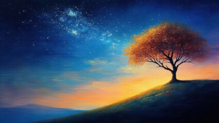 Fototapeta premium illustration of a beautiful autumn tree on a hill in a night sky scenery