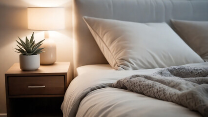 Comfortable bedroom setup with a lit nightstand lamp.