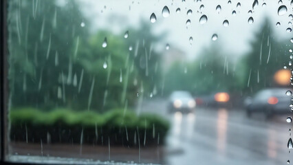 Rainy day view through a glass pane with droplets.