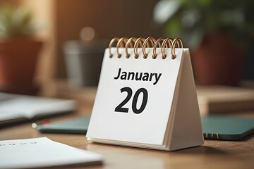 A calendar page flipping to January 20 , set in a cozy desk scene.