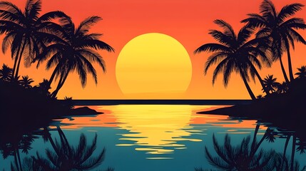 tropical sunset, beach silhouette, palm trees, vibrant orange sky, large sun, calm ocean reflection, symmetrical composition, retro style illustration, vector art, gradient colors, minimalist 