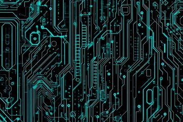 Abstract close-up of a glowing blue digital circuit board, showcasing intricate connections and technological design on a black background.
