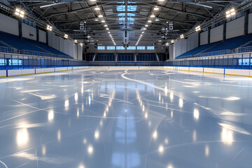 Obraz premium Empty ice rink with bright lights and clean surface, indoor sports arena, modern design