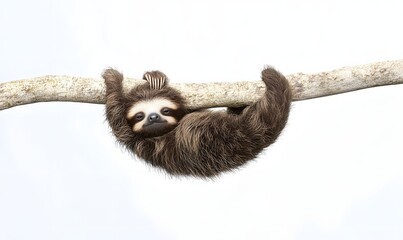 Obraz premium Cute sloth hanging on a branch against a white background.