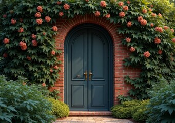 Fototapeta premium Beautiful brick doorway framed by vibrant flowering vines in a serene garden setting