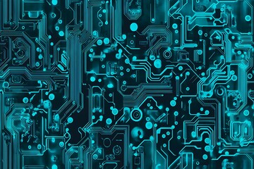 Abstract close-up of a glowing blue digital circuit board, showcasing intricate connections and technological design on a black background.
