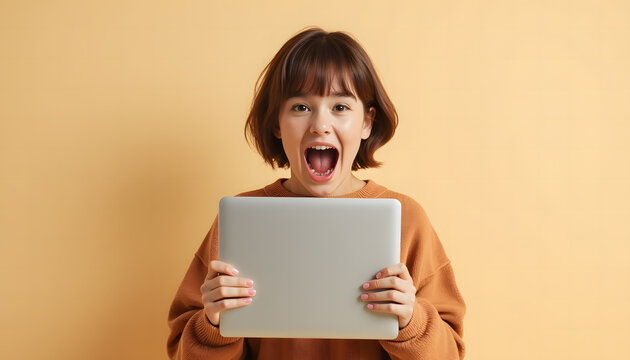 Excited Young Woman Holding Laptop on Orange Background