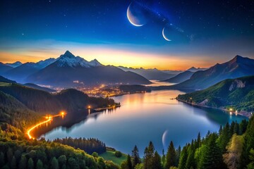 Obraz premium Aerial View of Serene Night Landscape with Smiling Crescent Moon