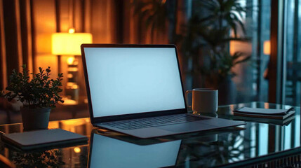 Blank laptop screen on glass desk, cozy evening home office with city view