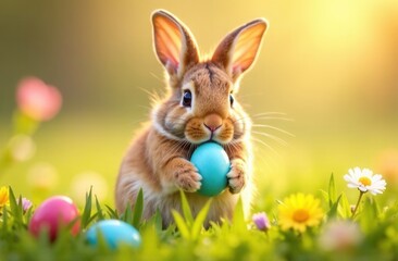 A rabbit holds an easter egg in its mouth on green grass