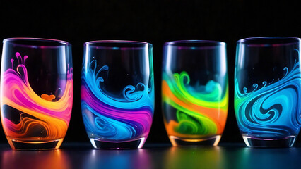 Vibrant glassware with artistic swirly patterns.