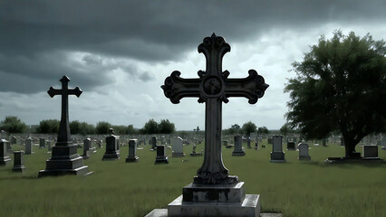 Old cemetery with weathered stone crosses.
