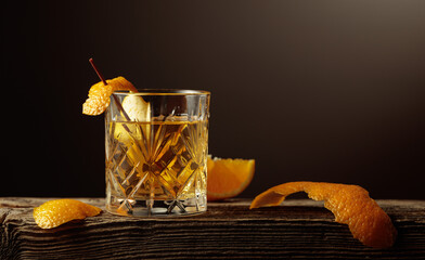 A rich Old Fashioned cocktail in a short crystal glass with an orange peel.