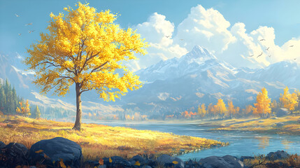 A serene landscape featuring a vibrant autumn tree beside a calm river, with mountains and a bright sky in the background.