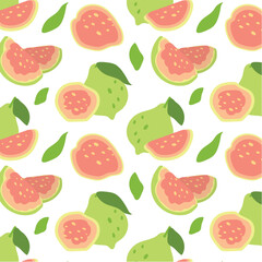 Guava pattern in flat style. Tropical, delicious fruit seamless pattern. Vector background. Summer freshness for health. For background, fabric, juice, ice cream or packaging.