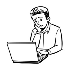 Sad employee staring at screen, hand drawn illustration 