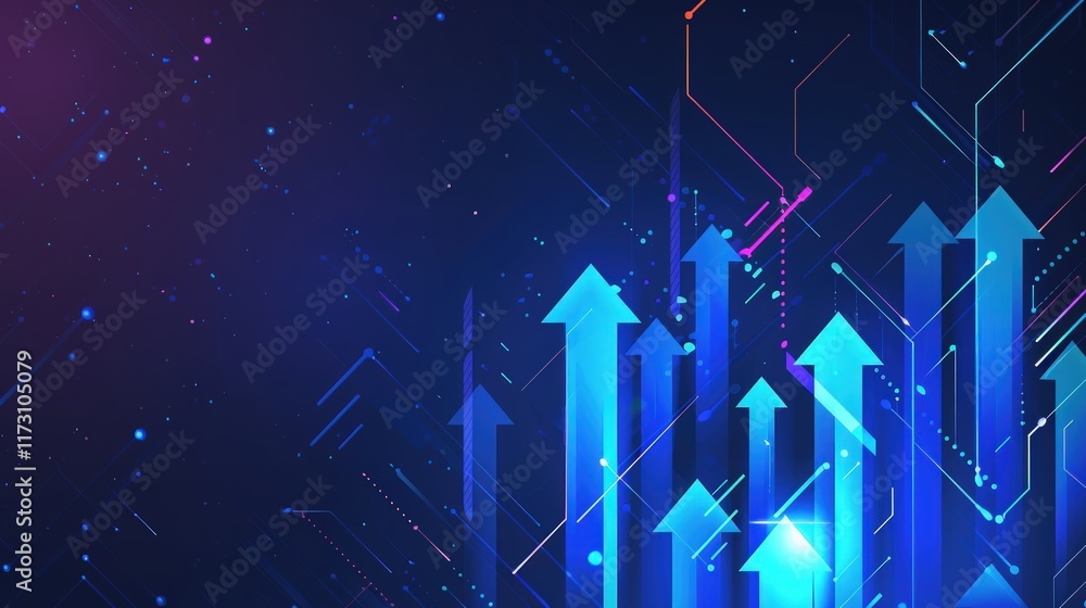 Poster abstract glowing blue arrows pointing upward on dark background with circuit lines.