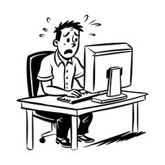 Panic employee staring at screen, doodle illustration 
