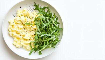 Scrambled eggs with arugula on white plate isolated on white background, top view. Healthy breakfast - fluffy scrambled eggs, design element