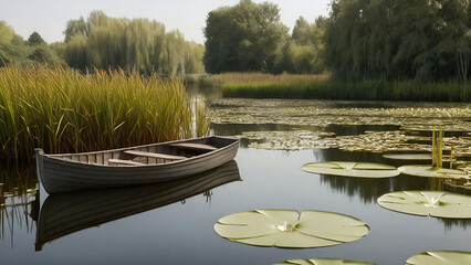 Obraz premium A wooden boat floating on a serene lake surrounded by lush greenery.