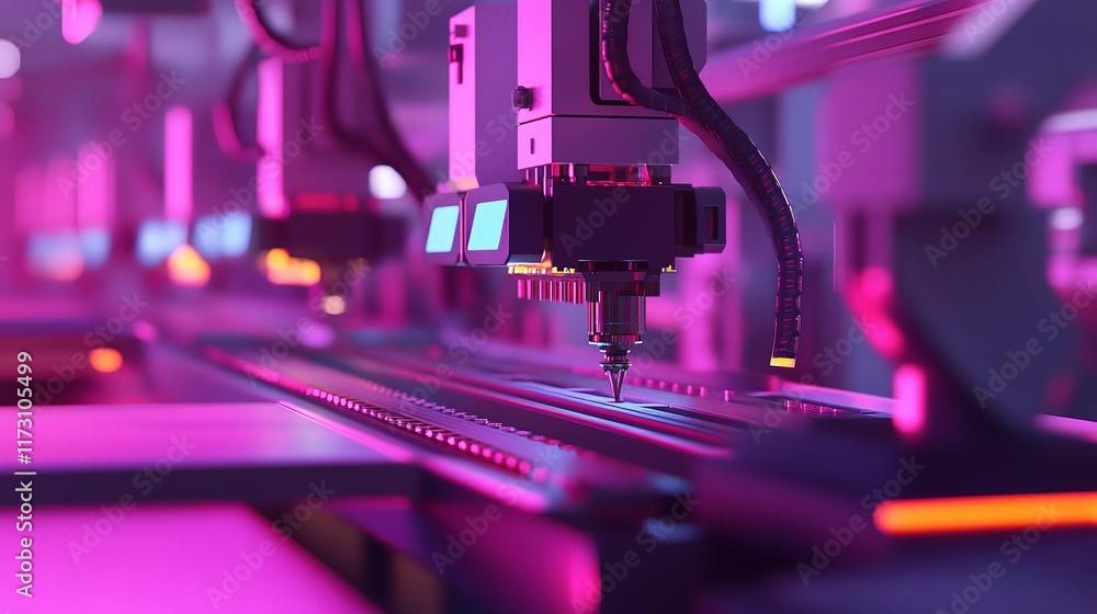 Poster close-up of high-tech machines in an assembly line factory