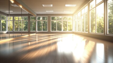 Interior of an empty dance, yoga, fitness studio hall with big mirrors, windows and wooden floor