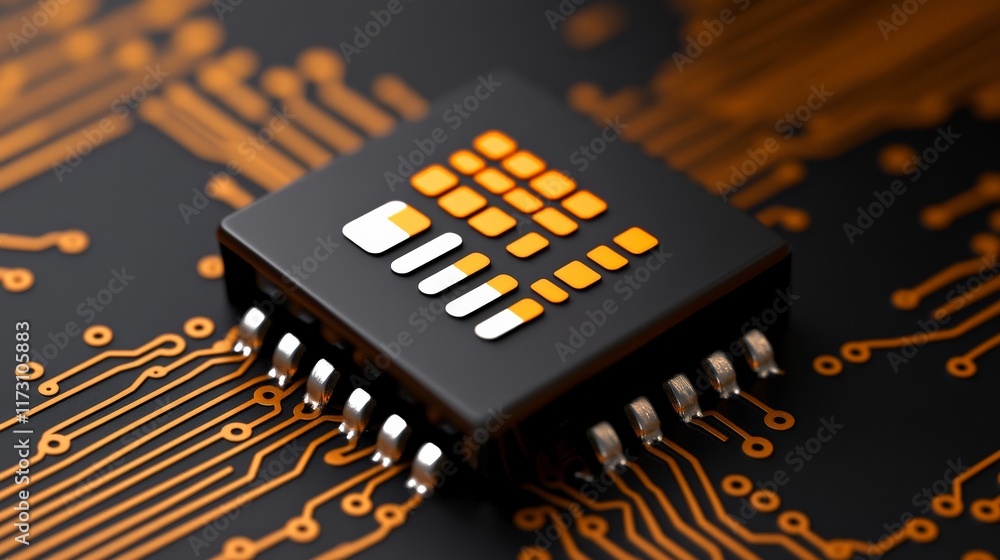 Poster microchip innovation: close-up of a sophisticated microchip on a circuit board, showcasing intricate