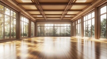 Interior of an empty dance, yoga, fitness studio hall with big mirrors, windows and wooden floor