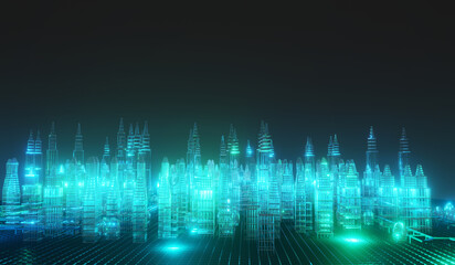 3D Render of Blue glowing neon futuristic smart cities cityscape and telecommunication technology 