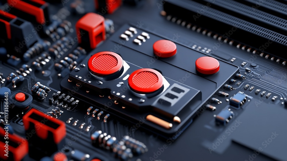Poster circuit board buttons: a close-up view of a circuit board with red buttons, capturing the intricate 