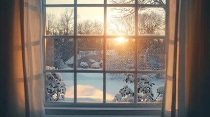 Sunlit winter landscape viewed through a window with sheer curtains.